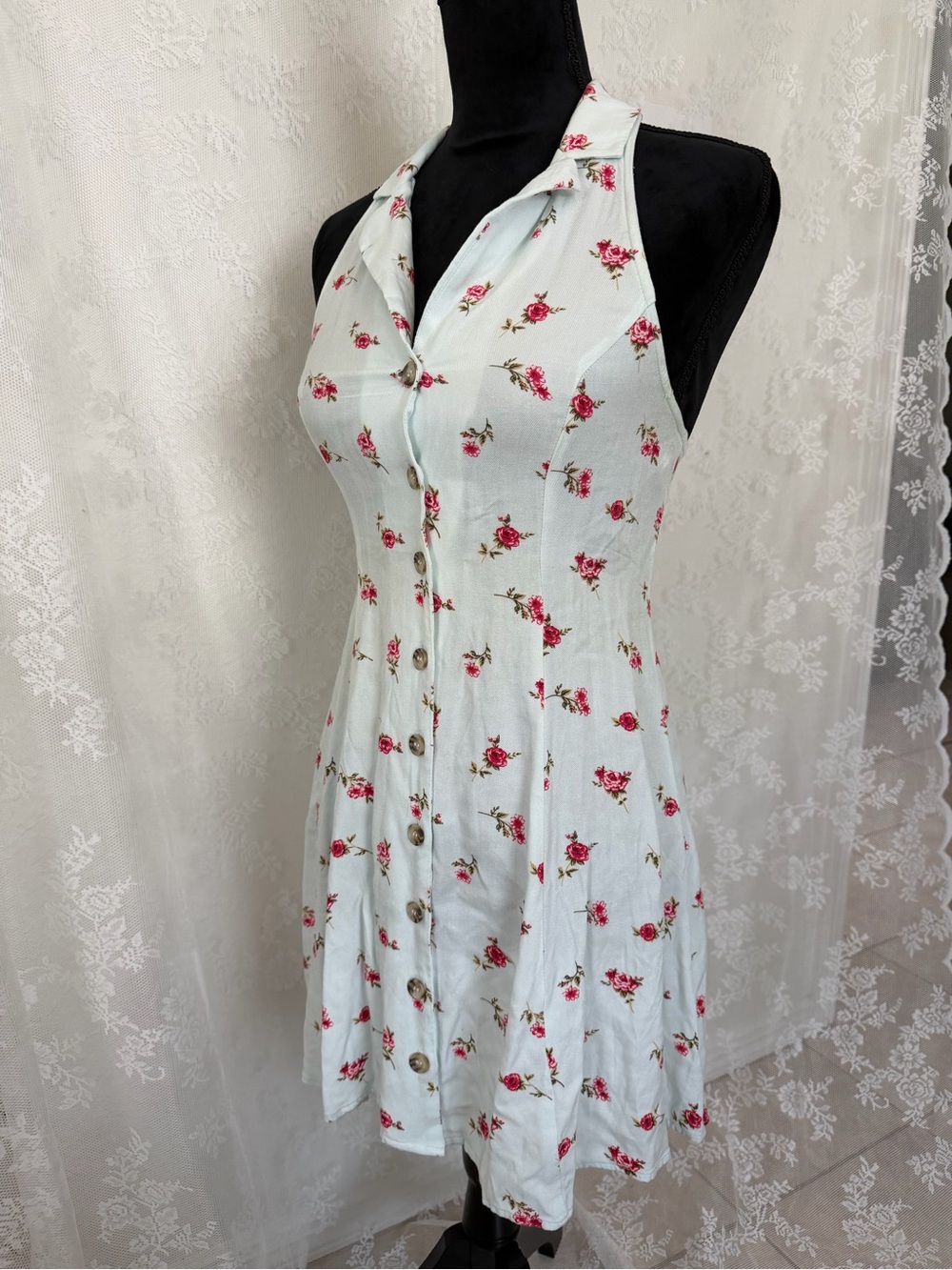 Forever 21 Light Blue Halter Mini Dress with Pink Rose Print